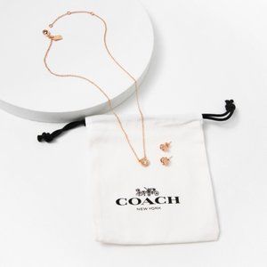 Coach Open Circle Necklace & Tea Rose Stud Earring Set in Rose Gold